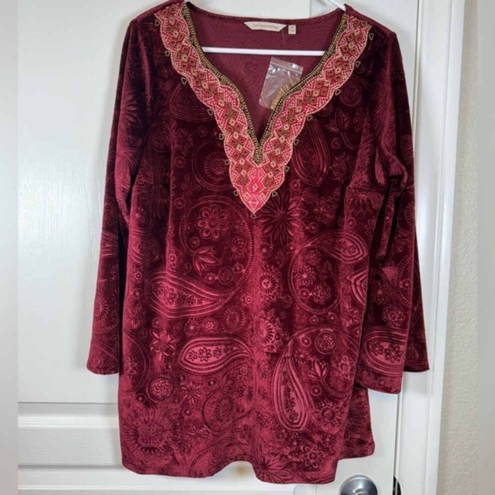 Soft Surroundings Burgundy Paisley Tunic Velvet Beaded Blouse Size Med NWT #5935